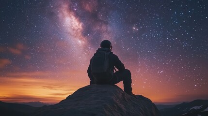 A silhouette of an astronaut in a spacesuit sitting on a rock, gazing at the starry night sky with...