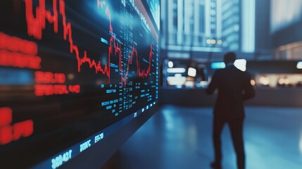 A professional observing stock market trends on a digital display in a modern financial district, showcasing data analysis.