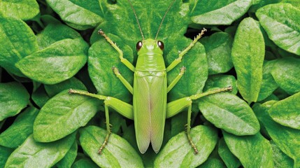 Obraz premium Vibrant Green Grasshopper on Lush Green Leaves