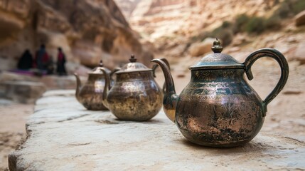 Antique Silver Teapots in a Desert Landscape