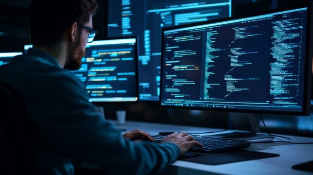 A programmer works late at night, focusing on coding and software development with multiple monitors displaying lines of code.