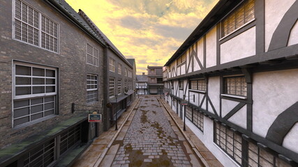 Fototapeta premium 石畳のある街かど 3DCGレンダリング