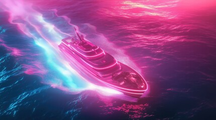 A sleek futuristic ship illuminated with pink neon lights sailing through vibrant blue waters.