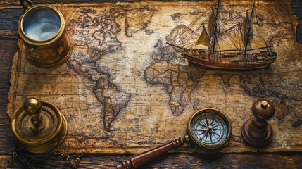 Vintage Nautical Map with Compass and Ship Model