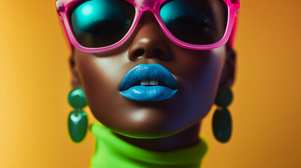 Fototapeta premium Beautiful dark-skinned woman model in sunglasses on isolated background. Close-up of model's face with bright makeup and blue lipstick.