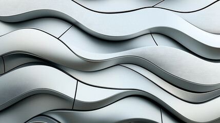 Abstract architectural facade featuring undulating metallic wave patterns with textures, creating a futuristic and artistic appearance in silver and gray tones.