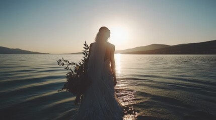 Fototapeta premium A serene silhouette of a bride standing in water with a bouquet during sunset, capturing the essence of romance and tranquility.