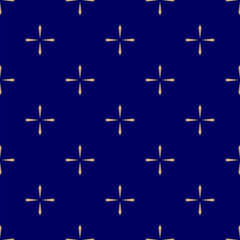 Subtle golden vector seamless pattern with small shiny star shapes, crosses. Simple minimalist geometric background. Abstract minimal deep blue and gold texture. Luxury repeated decorative geo design