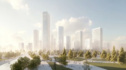 Fototapeta premium A serene urban landscape featuring modern skyscrapers and lush greenery under a bright sky, perfect for city lifestyle themes.