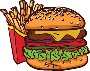 Illustration of a burger and fries isolated on a white background
