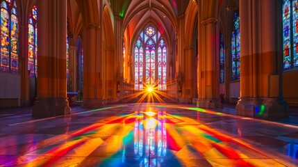 Obraz premium Majestic cathedral interior bathed in gentle morning light, vibrant stained glass windows casting a kaleidoscope of colors across the ornate floor and stone architecture