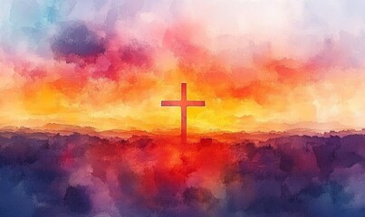 Obraz premium blurry abstract background Painting in watercolor depicting a conceptual cross or other religious symbol over a sky at sunset with clouds as God.