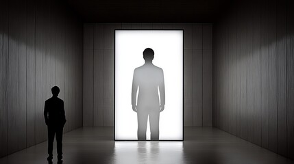 Obraz premium A silhouette of a person standing before a bright doorway, symbolizing an encounter with the unknown or a new beginning.