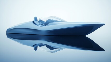 A sleek blue speedboat reflecting on calm water, showcasing modern design and innovation in boating technology.
