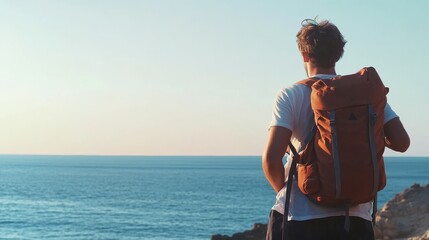 Fototapeta premium A solitary adventurer gazes at the serene ocean horizon during a sunset, embodying peace and wanderlust in nature.