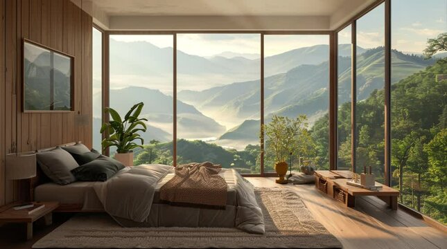 Spacious bedroom featuring a large window that offers a breathtaking view of the landscape outside
 Seamless looping 4k time-lapse virtual video animation Generated AI
