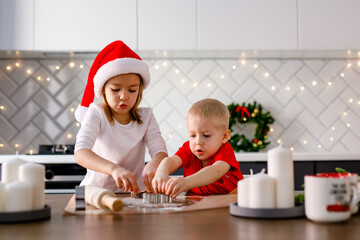 The older sister and her little brother are making Christmas gingerbread cookies