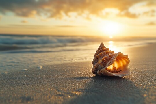 A lonely shell on the beach during sunset