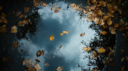 Reflection of Leaves and Clouds in Puddle
