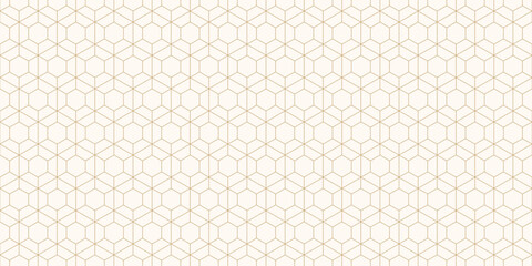Abstract golden linear geometric seamless pattern. Subtle vector texture with thin lines, hexagon grid, net, lattice, diamond shapes. Luxury white and gold minimal background. Modern repeat geo design