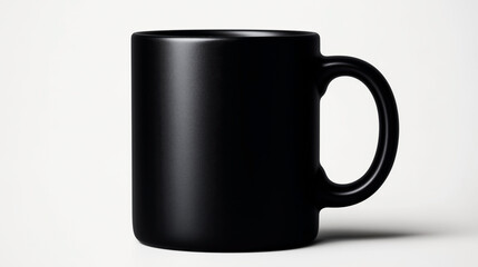 Black ceramic coffee mug with a smooth textured surface, isolated on a plain light background, featuring a simple and minimalist design with a standard handle.