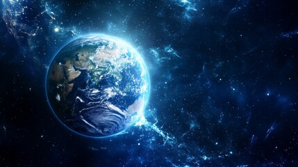 Fototapeta premium A stunning depiction of Earth in space, surrounded by a vibrant cosmic backdrop of stars and galaxies.