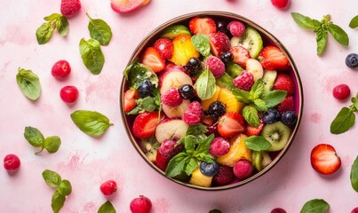 Fresh fruit salad on pink background