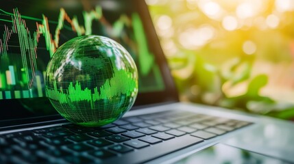 Green Globe on Laptop with Financial Graphs and Growth Indicators