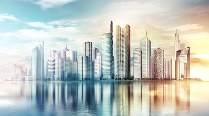 Obraz premium A stunning skyline reflected in water, showcasing modern architecture against a serene sky.