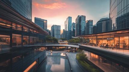 Obraz premium A stunning urban landscape featuring modern skyscrapers at sunset, reflecting on calm water, creating a serene atmosphere.