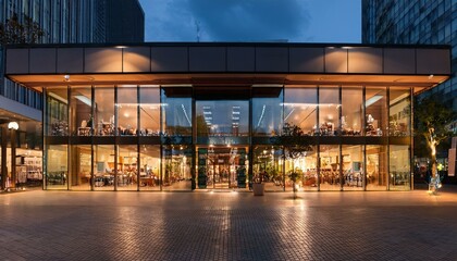 Fototapeta premium ガラス窓越しに輝くファッションビルの外観、エントランス周辺のオシャレなカフェや店舗