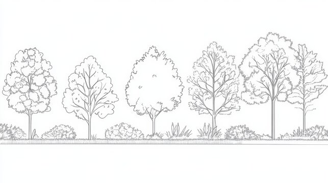 Hand-drawn Illustrations of Various Tree Types with Decorative Elements