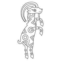 Funny dancing goat. Ancient Iranian folk animal design from Sogdia or Sogdiana. Black and white linear silhouette.