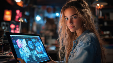 Animator designing characters on a tablet, immersed in creative inspiration.