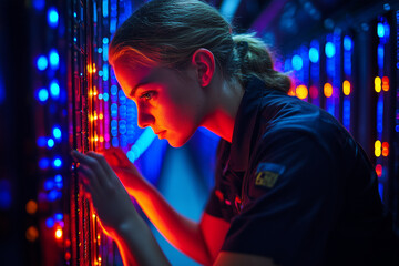 IT specialist troubleshooting a server room, focused and engaged.