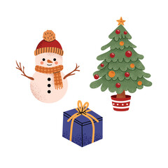 Mini set of cute Christmas elements. Snowman, Christmas tree and gift. Winter traditional New Year collection. Flat vector illustrations isolated on white background.