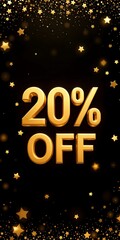 3d 20% off golden banner. Sale. Inscription. Discount