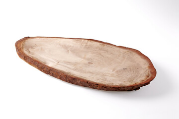wooden beige plate hand carved isolated on white background. selective focus