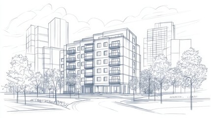 Architectural Sketch of Modern Apartment Building with Urban Cityscape