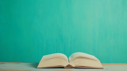 Open Book on a Wooden Desk with Teal Background