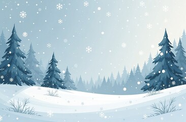 Fototapeta premium Winter snowy landscape, it’s snowing, there are fir trees, a blurry forest of fir trees in the background, white and gray picture, illustration