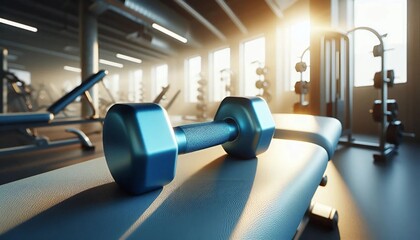Fototapeta premium A blue dumbbell resting on a weight bench in a modern gym