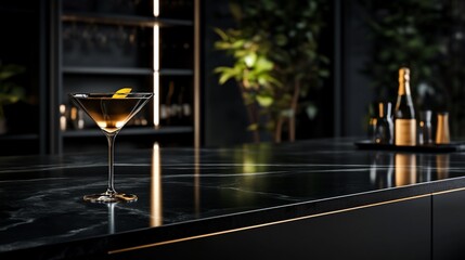 A martini glass with a lemon twist sits on a black marble countertop in a dimly lit bar.