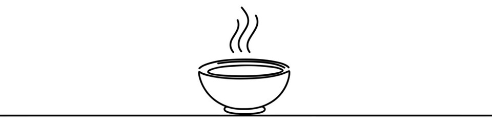 Minimalist continuous line drawing of a steaming bowl of soup, perfect for representing a warm meal. Vector illustration.