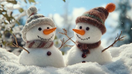 Fototapeta premium Two cheerful snowmen with carrot noses and twig arms, dressed in cozy hats and scarves, standing side by side in a snowy winter scene.