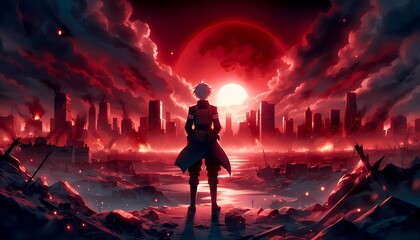 anime guy looking at the city, anime background, illustration