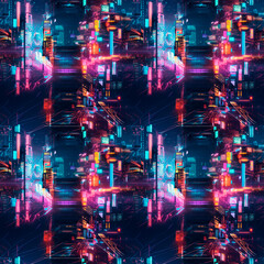 Obraz premium Digital cyberpunk city, neon lights, futuristic, dynamic mood, high-tech urban landscapes. Background, seamless pattern