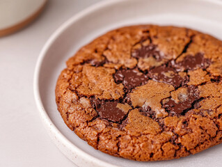 Fototapeta premium Freshly baked chocolate chunk cookie resting on a plate, displaying its melted chocolate and tempting texture