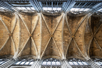 Rib vault or ribbed vault in the main nave of Rouen Cathedral also called Cathedral of Notre-Dame, in Gothic-style, Rouen, Normandy, France