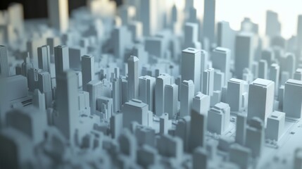 Aerial view of a detailed urban cityscape model showcasing intricate architecture in the heart of a bustling metropolis.